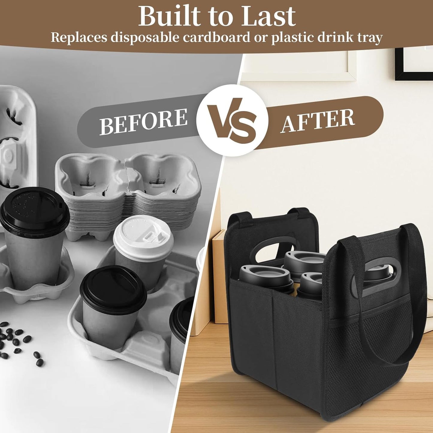 2 Pack Drink Carrier with Handle, Reusable 4 Cup Carriers for Drinks, Portable Foldable Insulated Coffee Cup Drink Holder for Delivery and Caddy