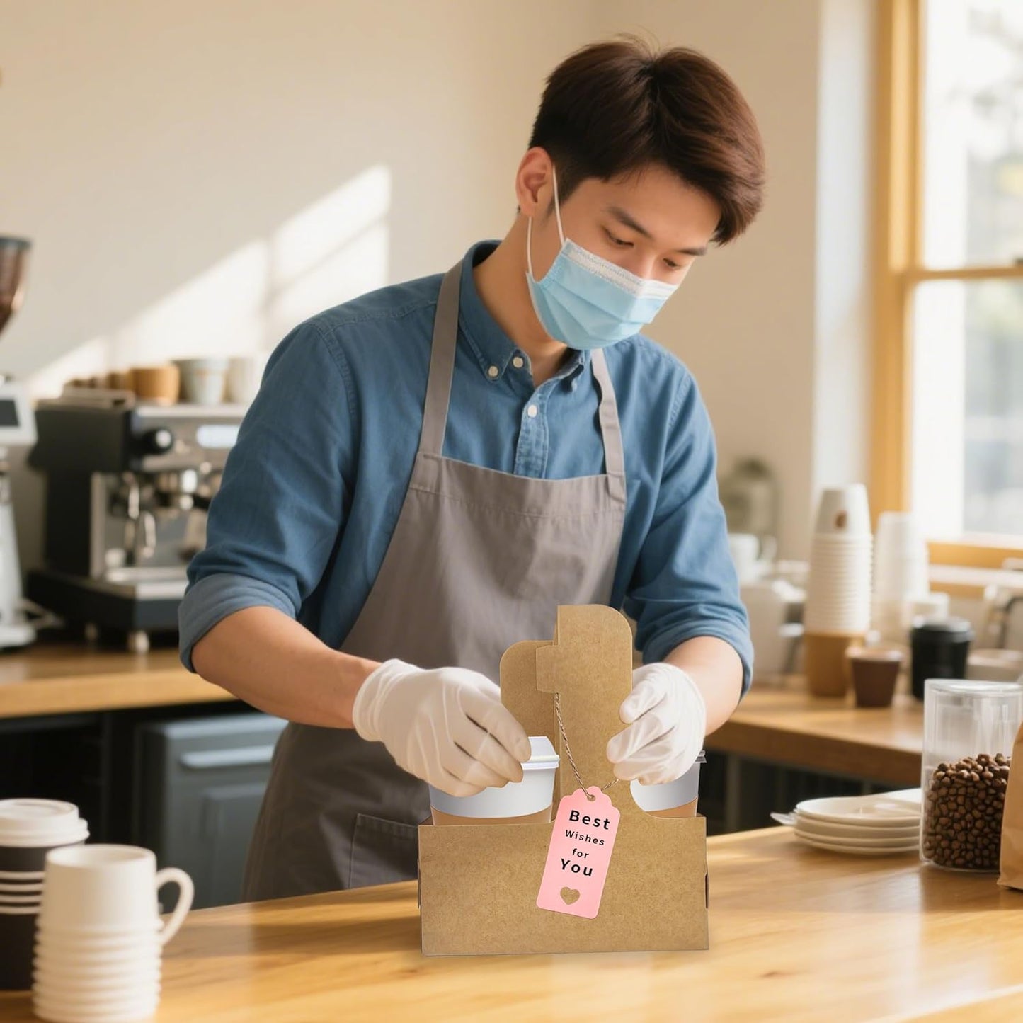 2 Cup Drink Carrier,16 Pack Coffee Cup Holders with Handle,Cardboard Cup Holders for Hot or Cold Drinks,Coffee Carrier with Ribbon and Card,Food Delivery Services and Bouquet(Pink)