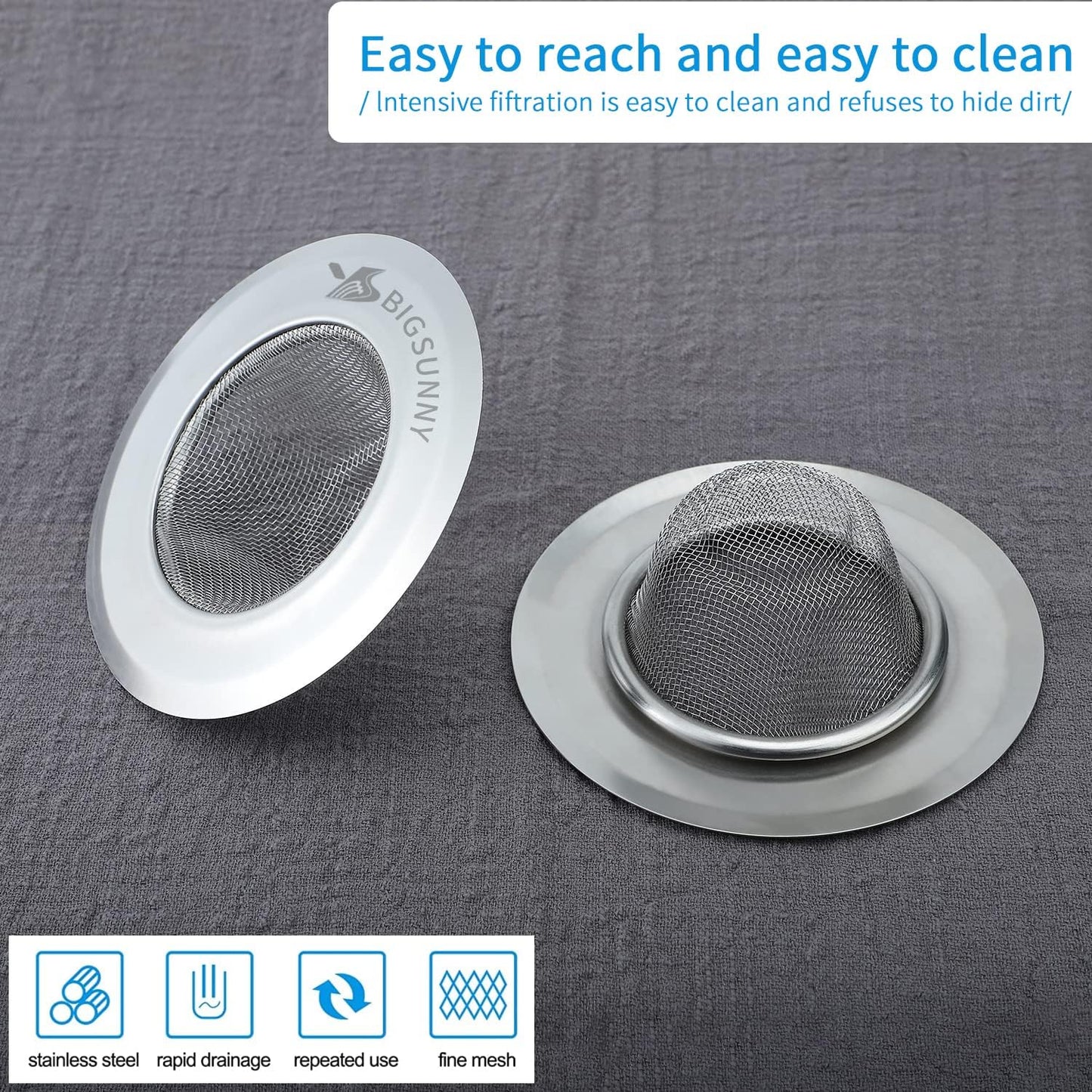 Mesh Sink Strainer Set of 2, MSY BIGSUNNY Stainless Steel Kitchen Sink Strainer Kitchen Drain Strainer with Large Wide Rim 4.5 inch Diameter for Kitchen Sinks