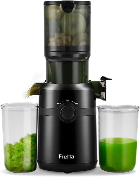 Cold Press Juicer Machines,Fretta Slow Masticating Juicer Machines with 4.25" Large Feed Chute,Fit Whole Fruits & Vegetables Easy Clean Self Feeding,High Juice Yield,BPA Free (Black)