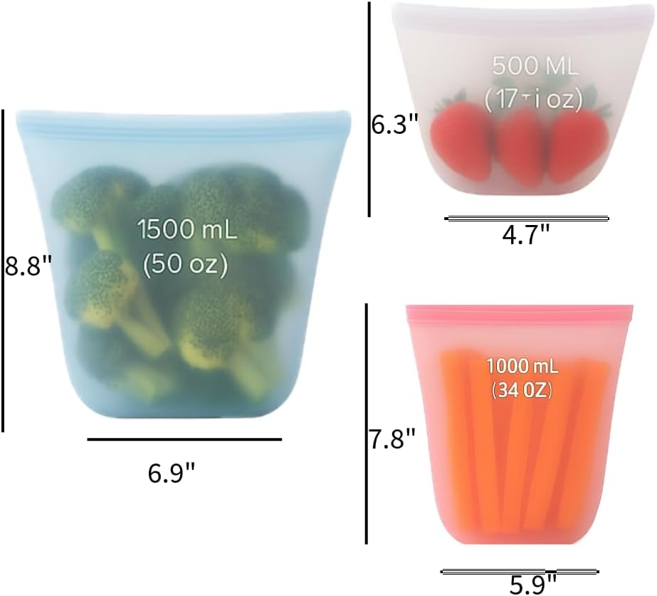 3 Pack Reusable Silicone Food Storage Bags, Stand Up Zip Container Set for Soup, Sandwich, Leftovers, Microwave Safe, BPA Free, AR3T Home Essentials (Multi Color 3 pack)