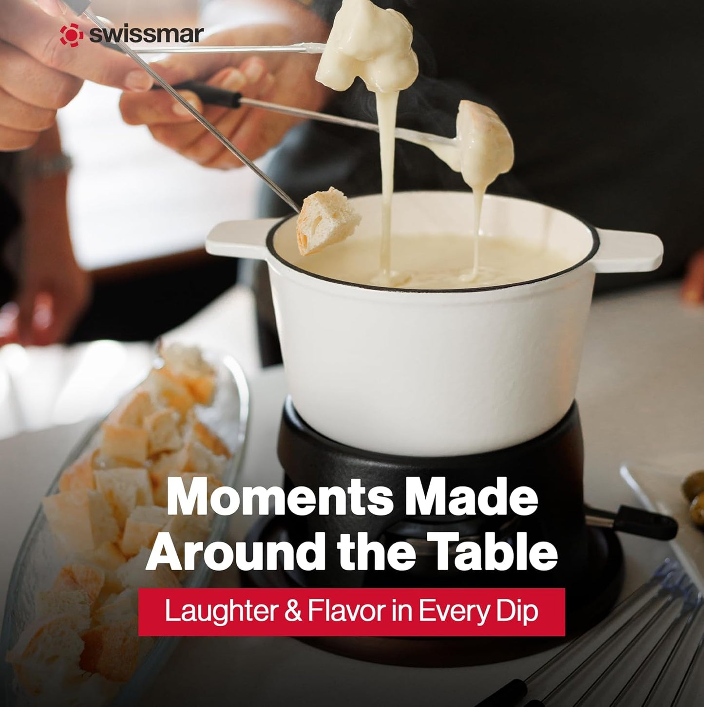 Swissmar Sierra Cast Iron Fondue Set, 1.6 Quart / 1.6 Liter – Perfect for Meat, Cheese, & Chocolate Fondues – Ideal for Family Bonding & Hosting Gifts - 12-Pieces, Matte White