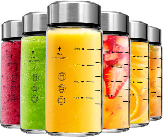 Glass Juice Bottles 6 Pack 12 oz - Wide Mouth Glass Water Bottles with Lids - Borosilicate,Stainless Steel Lids for Juicing, Smoothies, Infused Water, Beverage Storage, Leakproof, Reusable,BPA Free