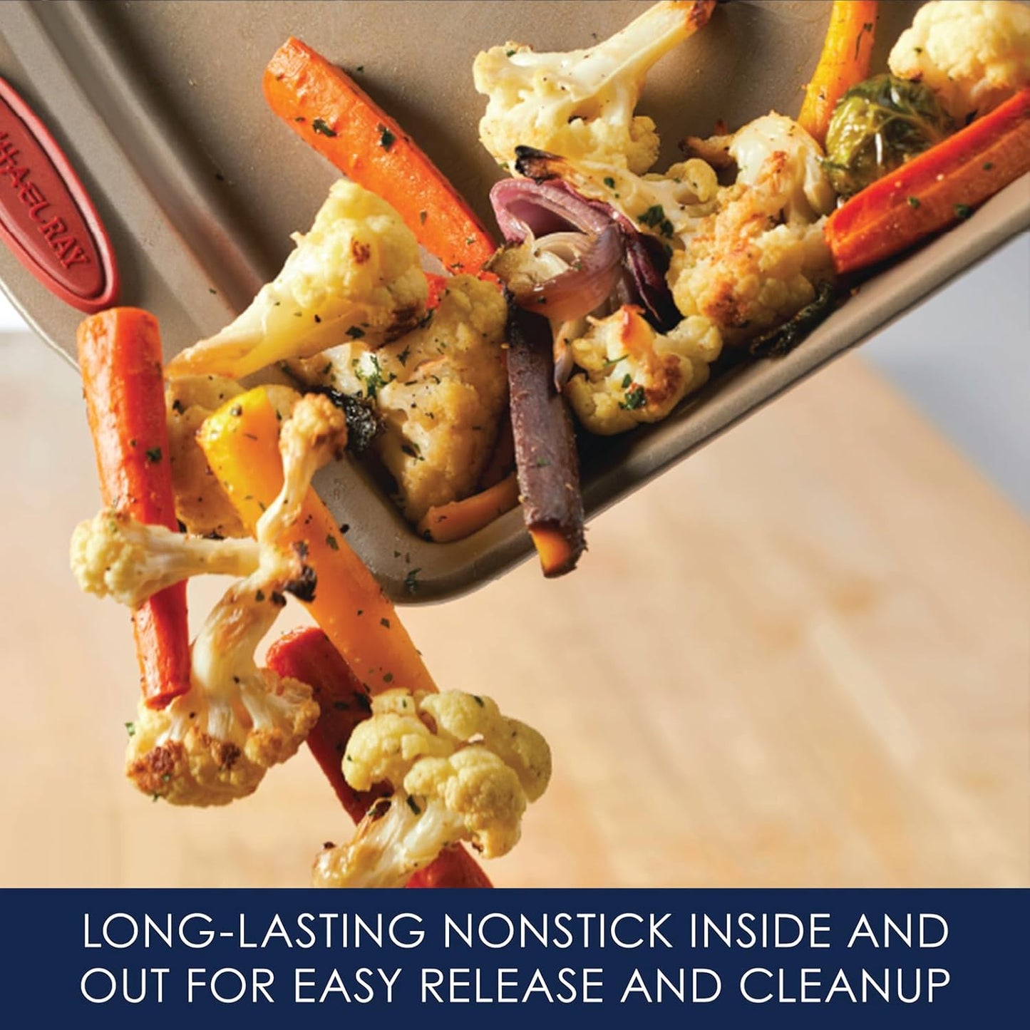 Rachael Ray Cucina Nonstick Bakeware Set Baking Cookie Sheets Cake Muffin Bread Pan, 10 Piece, Latte Brown with Cranberry Red Grips