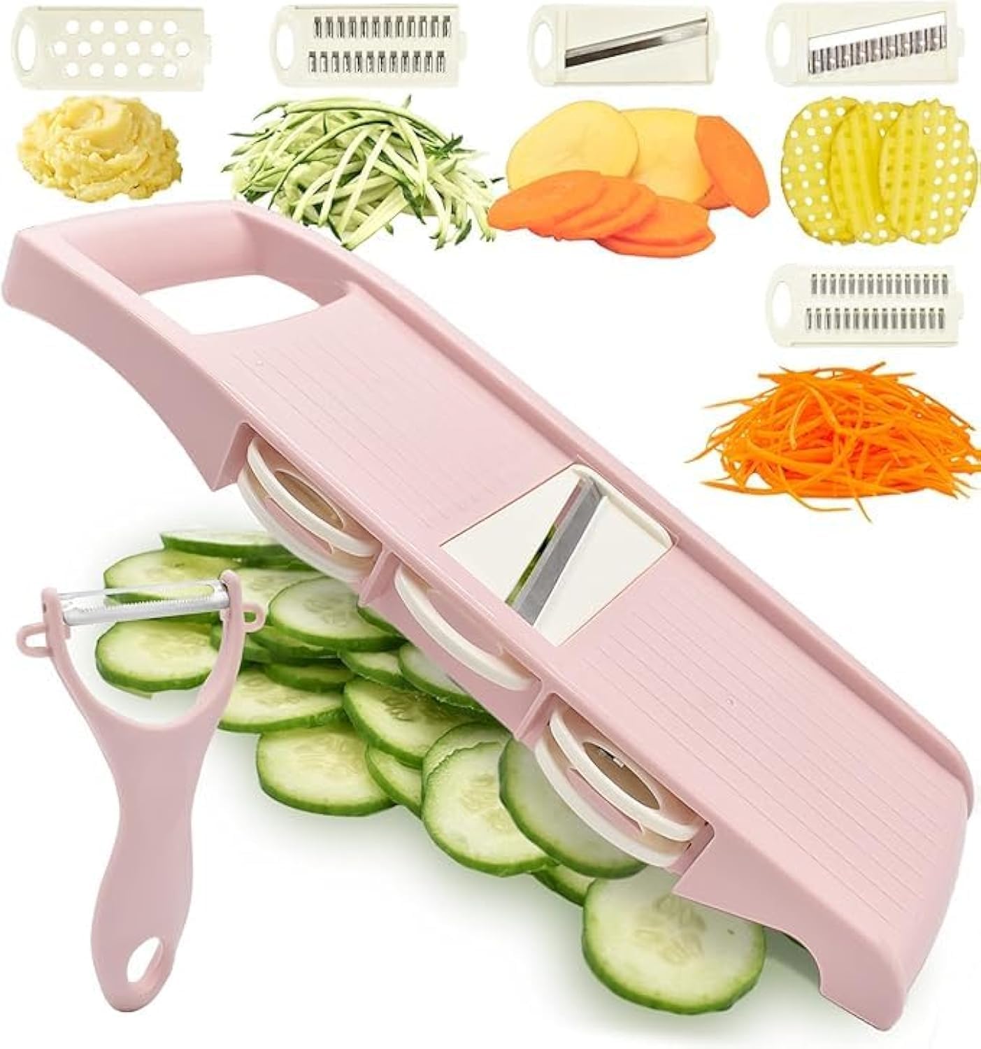 Mandoline Slicer for Kitchen Slicer Vegetable Cutter 5 In 1 Veggie Slicer Potato Slicer waffle fry cutter Hot Swap Mandolin with Peeler for Vegetables Carrot Shredder Cucumber Slicer - Pink