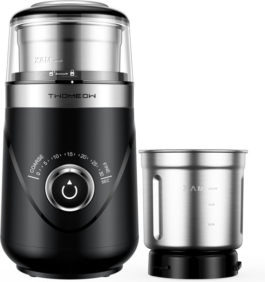 Electric Coffee Grinder with Timing Knob, Electric Quiet Grinder, High-Speed Bean and Spice Grinder with Removable Stainless Steel Bowl, Black