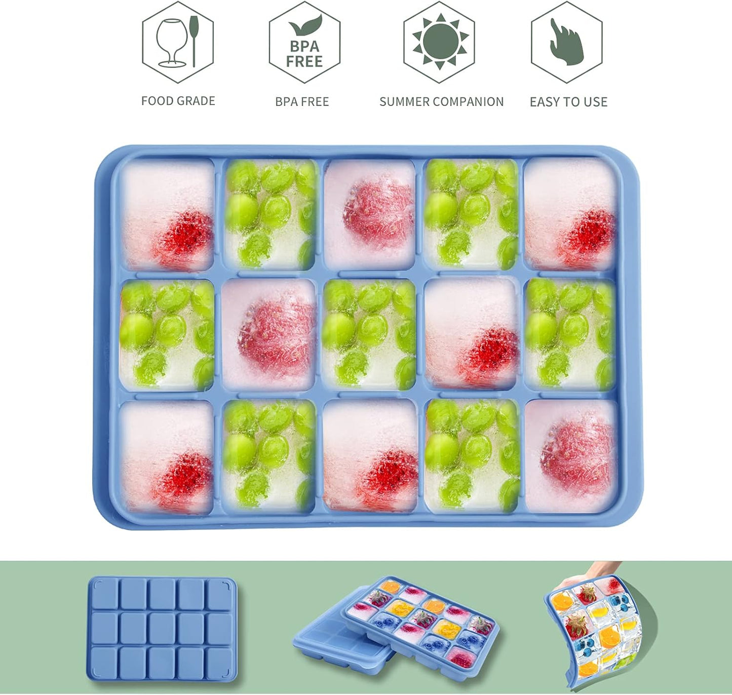 Ice Cube Trays Set of 2, Easy Release 15 Flexible Silicone Ice Cube Molds with Removable Lid Reusable Freezer Ice Trays Stackable for Whiskey, Baby Food, BPA Free (BLUE+GREEN)