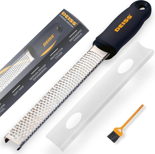 Deiss PRO Citrus Zester & Cheese Grater - Parmesan Cheese Lemon, Ginger, Garlic, Nutmeg, Chocolate, Vegetables, Fruits - Razor-Sharp Stainless Steel Blade, Wide, Dishwasher Safe (BLACK)