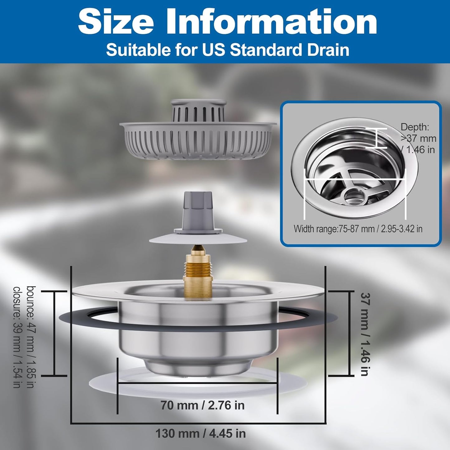 3 in 1 Universal Kitchen Sink Drain Strainer Stopper–304 Stainless Steel & Silicone Anti-Clog Basket,3-Layer Leak-Proof Ring for 3.5”US Standard Drains,Easy-Clean,Odor Isolation,No Installation