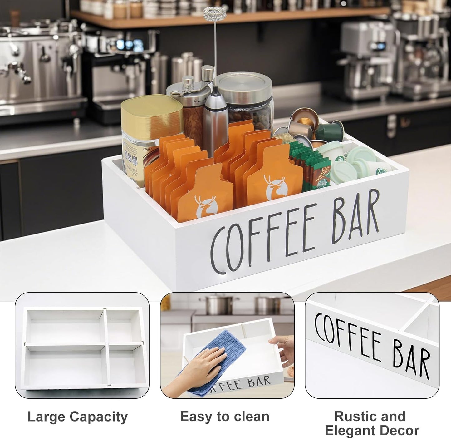 Coffee Station Organizer with Removable Dividers Disposable Cup Holder Wooden Countertop Organizer for Tea Condiment Accessories Storage Farmhouse Bar Decor Black (White)