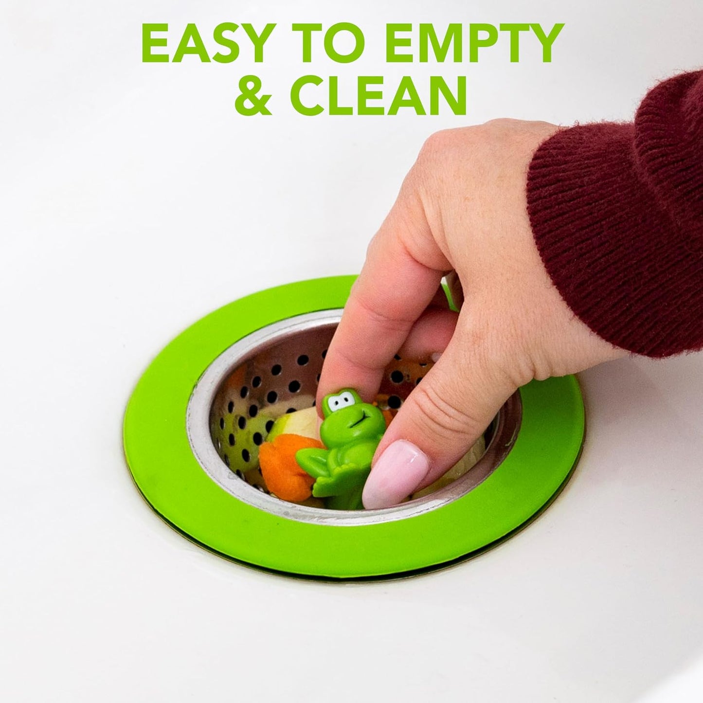 Joie Ribbit Kitchen Sink Strainer Basket, Fits All Standard Sinks, Stainless Steel, Cute Garbage Disposal Drain Cover, 4.5-Inch, Green Frog