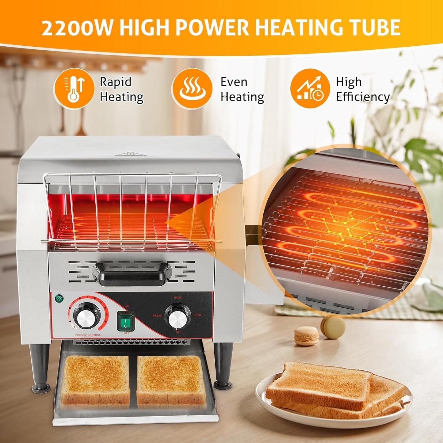 WICHEMI Commercial Toaster 300 Slices/Hour Commercial Conveyor Toaster Electric Stainless Steel Heavy Duty Toasters for Restaurant Bun Bagel Bread, 2200W